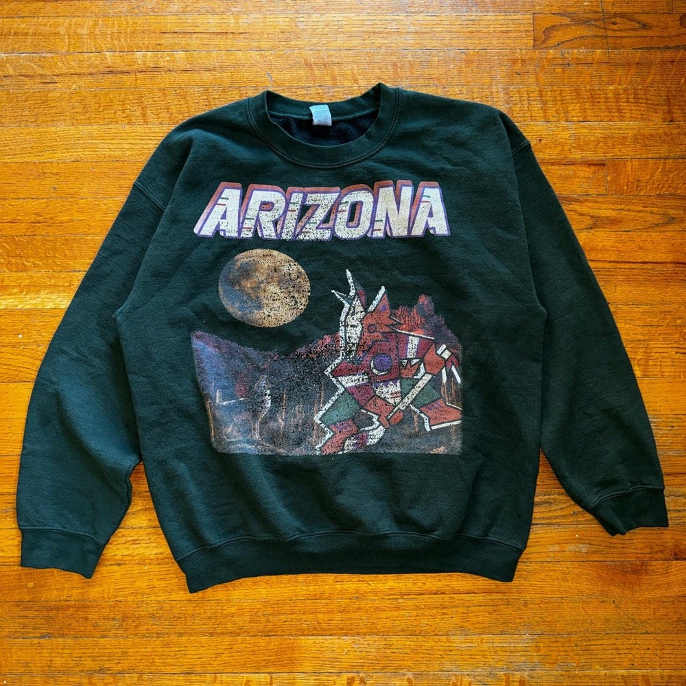 Vintage Arizona Graphic Sweatshirt Mens Large Forest Green Desert Moon Coyote L